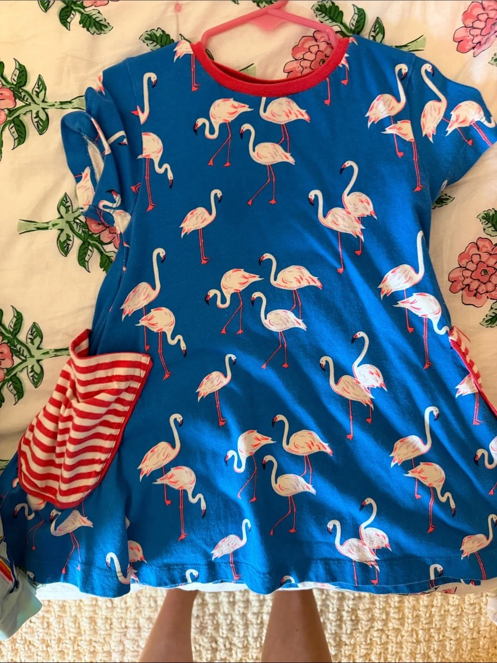 Mini Boden Blue Flamingo Pocket Dress with Red Trim
